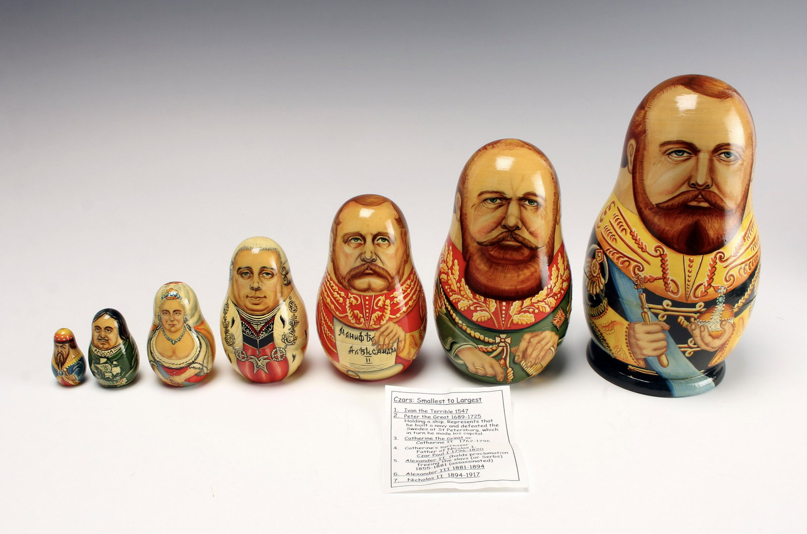 HANDPAINTED RUSSIAN CZAR MATRYOSHKA NESTING DOLLS: Handcrafted in Russia Czars: Smallest to Largest 1. Ivan the Terrible 1547 2. Peter the Great 1689-1725 3. Catherine the Great/II 1762-1796 4. Czar Paul I 1796-1820 5. Alexander II 1855-1881 6. Alexan
