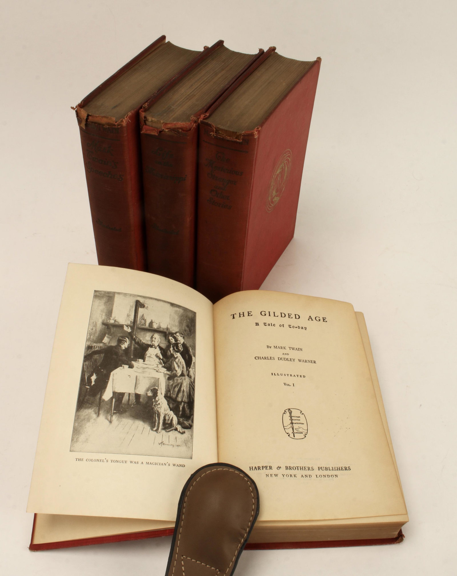 4 BOOKS BY MARK TWAIN: The Gilded Age: A Tale of To-day (Illustrated)- By Mark Twain and Charles Dudley Warner, 2 volumes in one. The Mysterious Stranger and Other Stories - copyright 1922 Life on the Mississippi (Illustrat