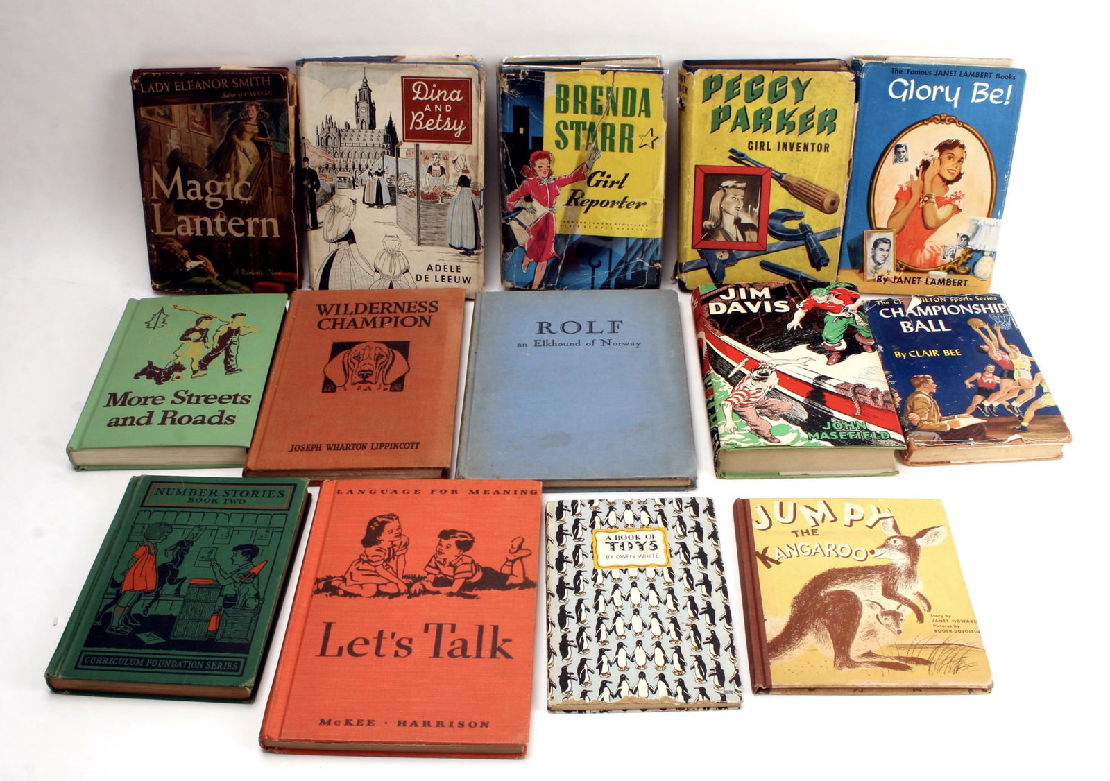 ASSORTED LOT OF BOOKS FROM THE 1940S: Rare Jim Davis - by John Masefield, hardcover, dust jacket Magic Lantern: A Romantic Novel - by Lady Eleanor Smith, hardcover, dust jacket, copyright 1945 Dina and Betsy - by Adele De Leeuw, illustrat