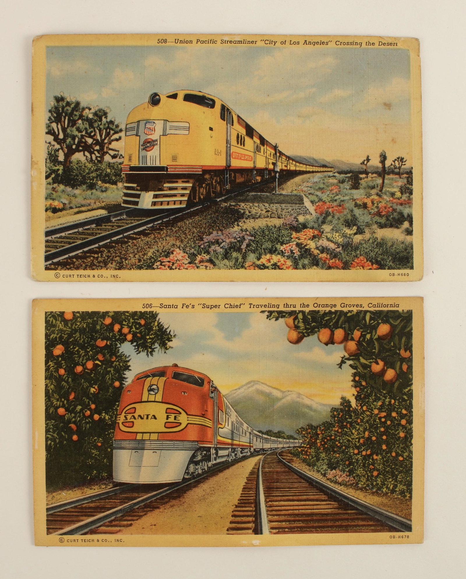 2 VINTAGE LINEN RAILROAD POSTCARDS: Santa Fe's "Super Chief" traveling thru orange groves. Union Pacific "City of Los Angeles" crossing the desert. 6 1/4" X 4 1/2" $20 - $40 Please contact us for hig