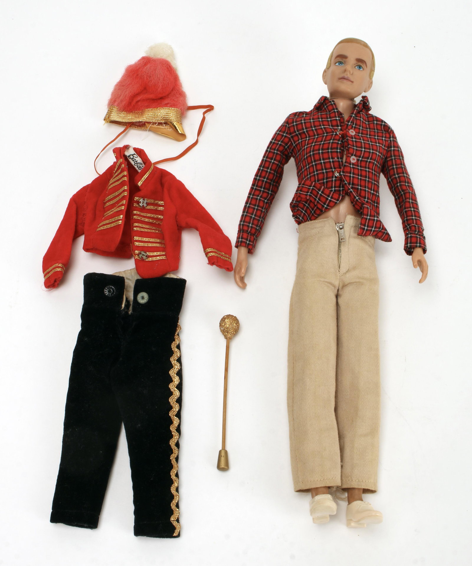 VINTAGE MATTEL KEN DOLL 1960: Blond Ken doll with a few outfits. Marked Ken MCMLX by Mattel on behind. Shirt labeled Ken, jacket labeled Barbie. 12" $20 - $40 Please contact us for high resolution images of this lot. <