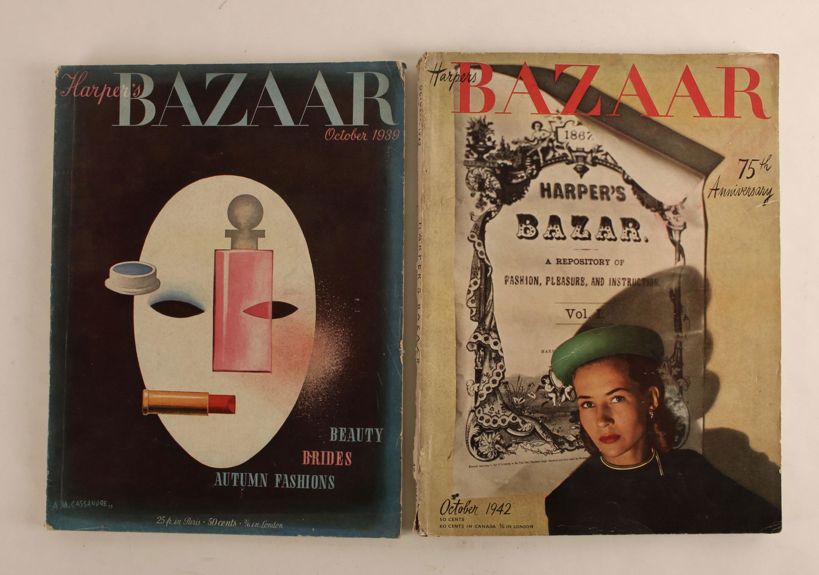 TWO HARPERS BAZAAR MAGAZINES: Photography from the heyday of fashion photography. October 1939. October 1942. Includes photo's by George Plattlynes, Hoyningan-Heune, Louise Dahl-Wolfe. $20 - $40 Please contact us for high resoluti
