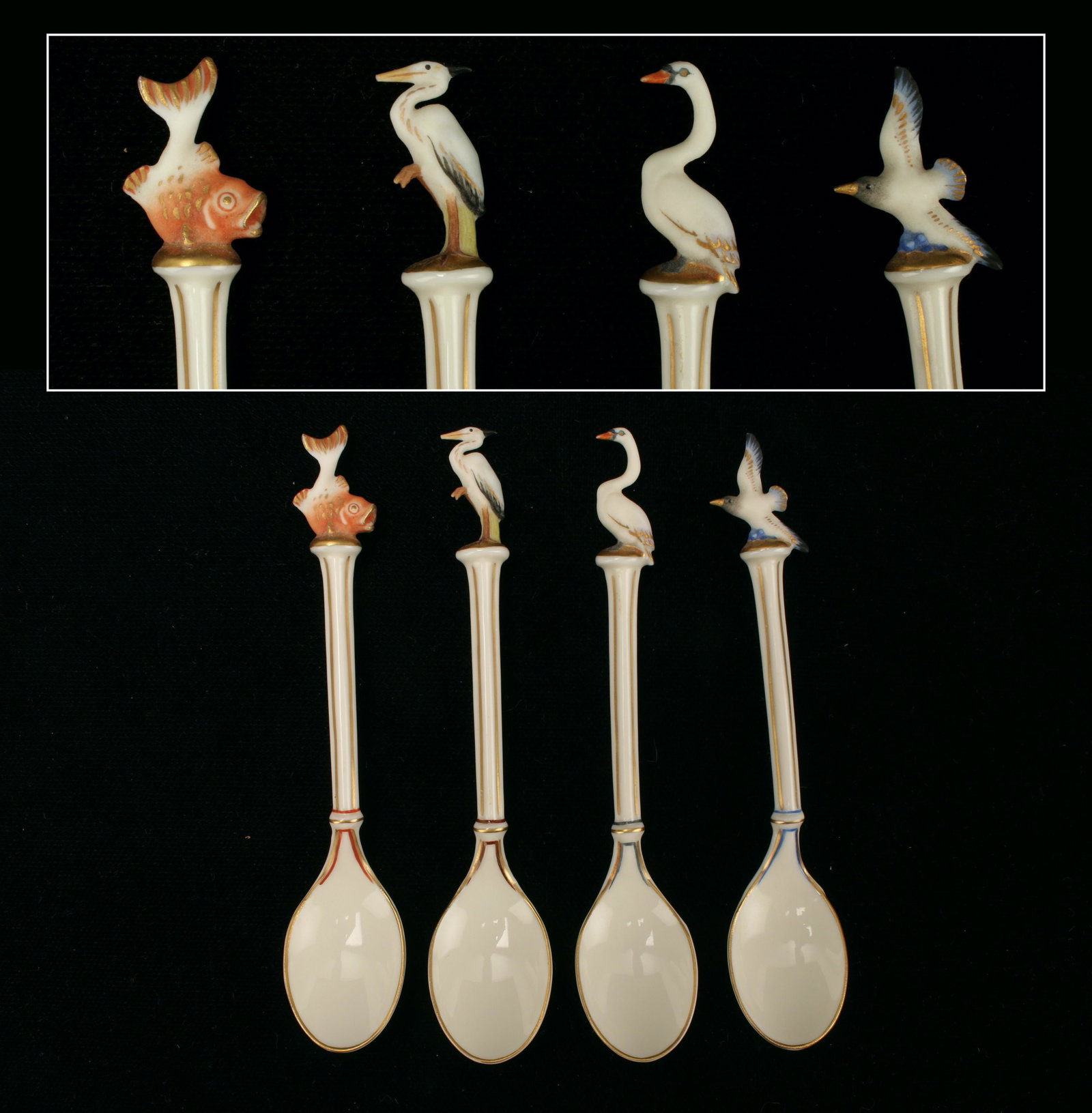 4 FIGURAL BAVARIAN DEMITASSE ESPRESSO SPOONS: Set of 4 vintage (possibly Hutschenreuther) Bavaria figural birds and fish porcelain demitasse spoons. Marked with an intertwined HR 1812 on bottom, Heron has added date 1986 and Swan 1987. 4 1/2"