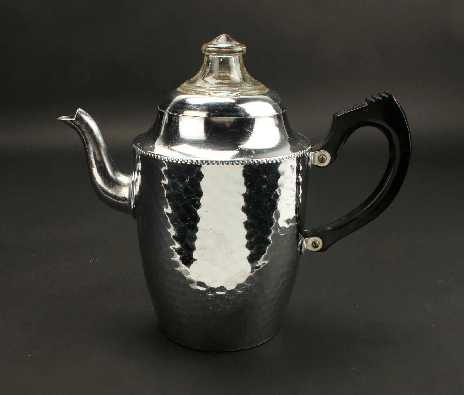 HAMMERED ALUMINUM COFFEE PERCOLATOR: Hammered aluminum Sona Chrome coffee percolator, The Aluminum Works Stratford-On-Avon England, glass top marked Pyrex brand 9" x 10 1/4" $40 - $80 Please contact us for high resolution