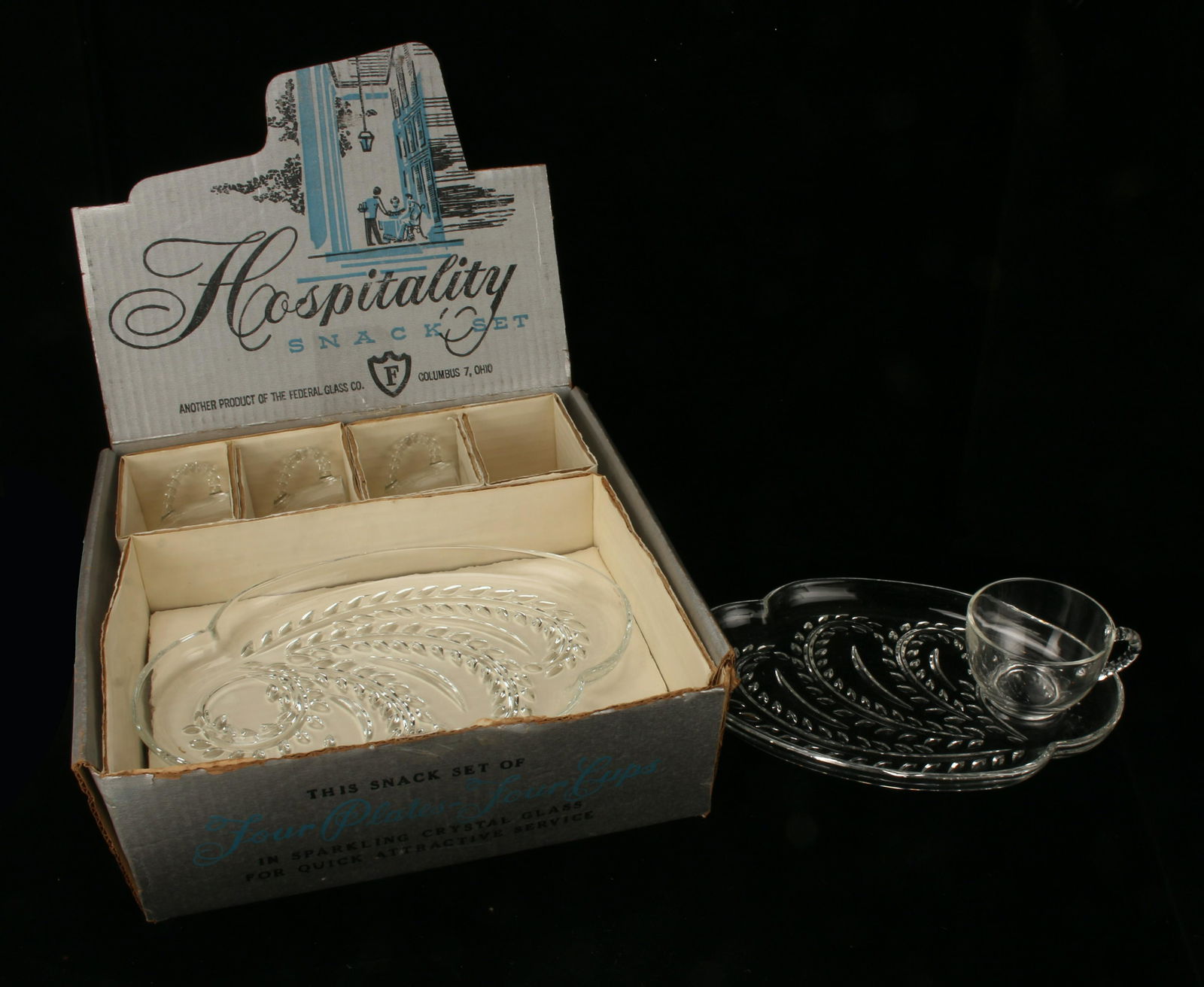VINTAGE HOSPITALITY SNACK SET IN ORIGINAL BOX: Glass luncheon plates with matching cups. Designed to hold your cup of eggnog or coffee while you mingle with your guests. In original display box. 12" x 11" x 4" $20 - $40 Pleas