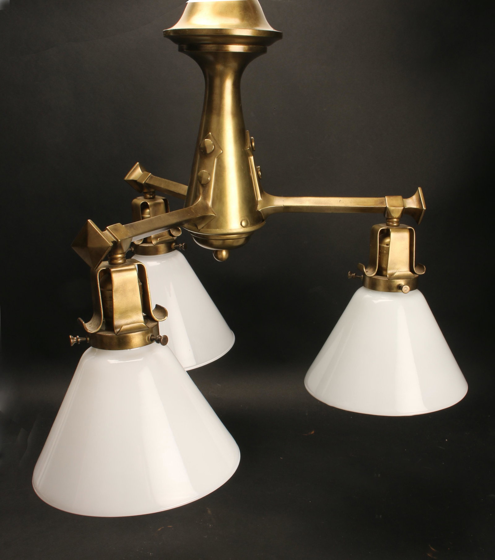 GOTHIC STYLE BRONZE 3 LIGHT CHANDELIER: Gothic style bronze chandelier with three milk glass globes. On a heavy rectangular link chain. A perfect fixture to make you feel like a king in your own castle! 39” from ceiling to bottom of c