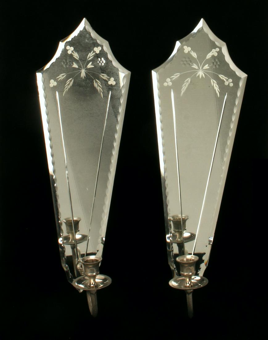 PAIR ETCHED MIRROR WALL CANDLE SCONCES: Art Deco style with silver colored candleholders. Marked made in India. 7" X 19" $20 - $40 Please contact us for high resolution images of this lot. Shipping:
