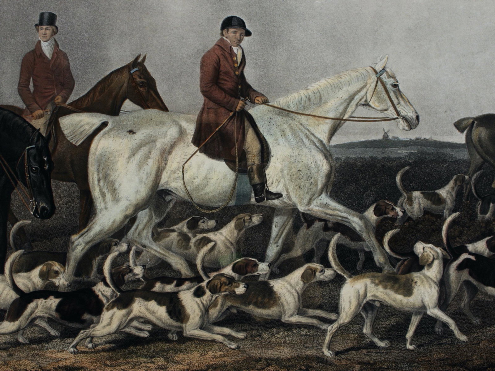 LARGE ENGLISH HUNTING STAG HOUNDS PRINT: Circa 1825. "The Earl of Derby's Stag Hounds" Painted by J. Barenger. Engraved by R. Woodman. Published May 15 1823 by L. Griffin, Carlshalten, Surry. 32" X 28 1/2" $100 - $200<