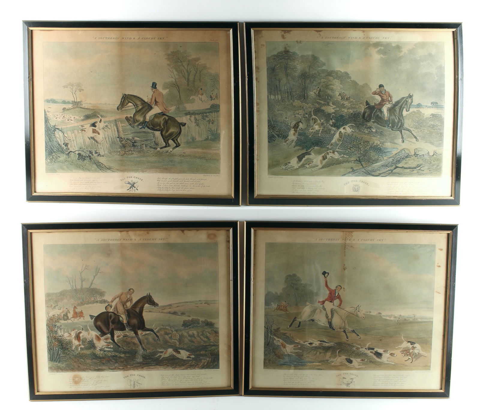 4 HUNT ENGRAVINGS THE FOX CHASE FC TURNER: The Fox Chase by FC Turner engravings. Engraved by Charles Hunt. Plates 1 - 4. All called "A Southern Wind and Cloudy Sky". A nice addition to a library. 23 1/2" X 19 1/2" $200