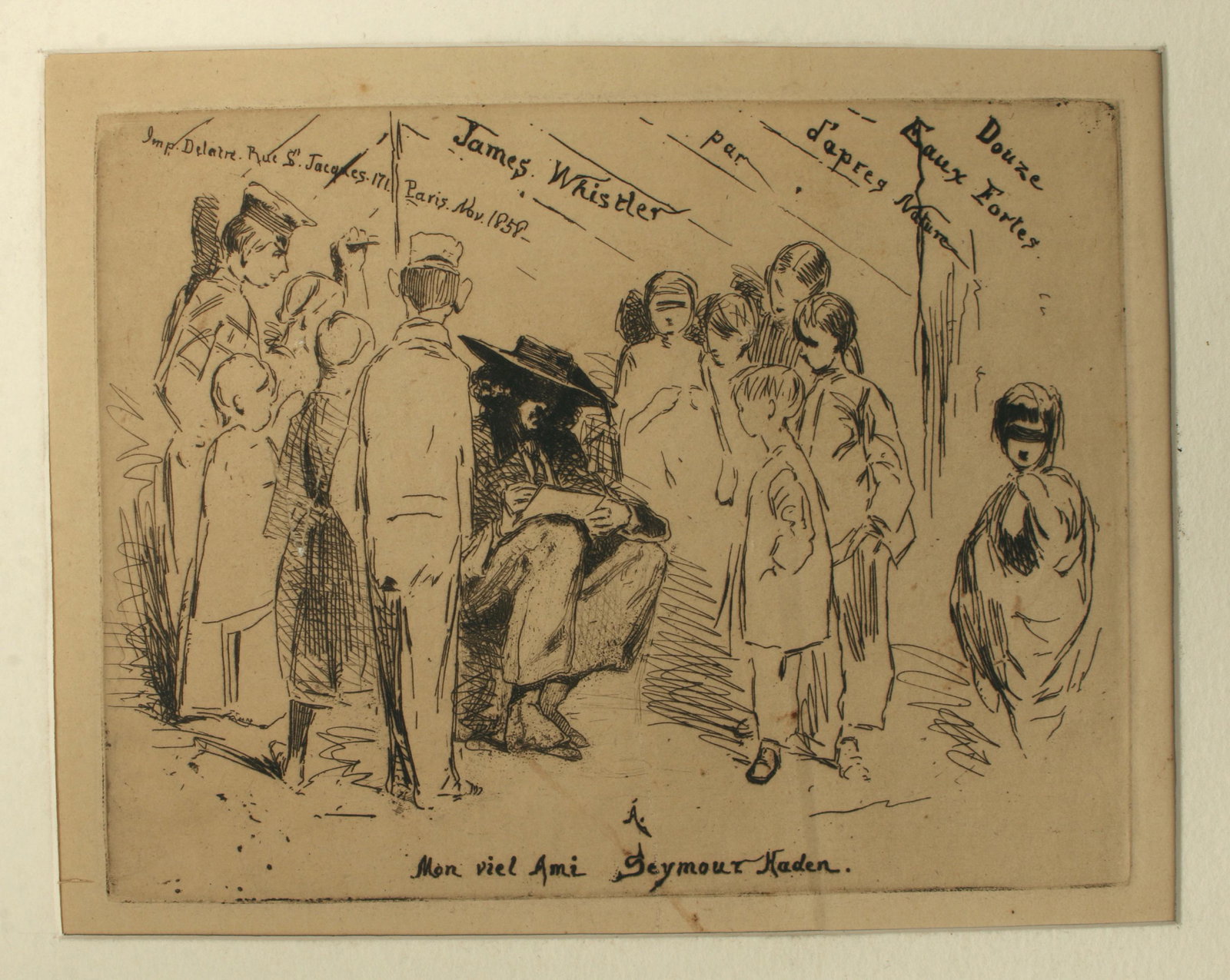 WHISTLER ETCHING FROM 12 ETCHINGS FROM NATURE: James Abbott McNeill Whistler (American 1834-1903) title page from "Douze Eaux Fortes D'apres Nature par James Whistler, Imp. Delatre Rue St. Jacques 171 Paris, Nov. 18