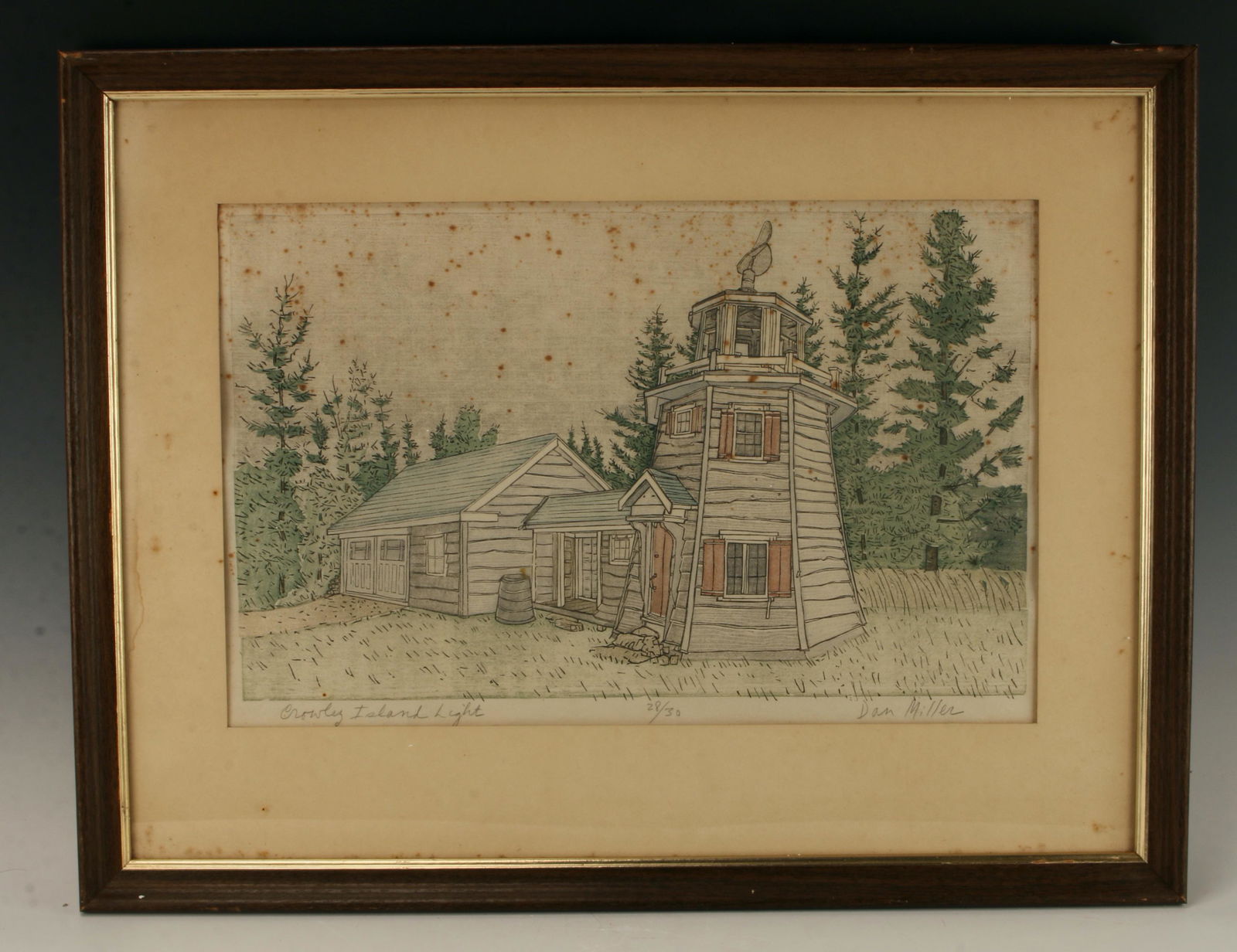 SIGNED NUMBERED LIGHTHOUSE PRINT BY DAN MILLER: Titled "Crowley Island Light" numbered 28/30 and signed on the lower right in pencil. Dan Miller. Miller is a faculty member of the Pennsylvania Academy of the Fine Arts, Philadelphia. 26&qu