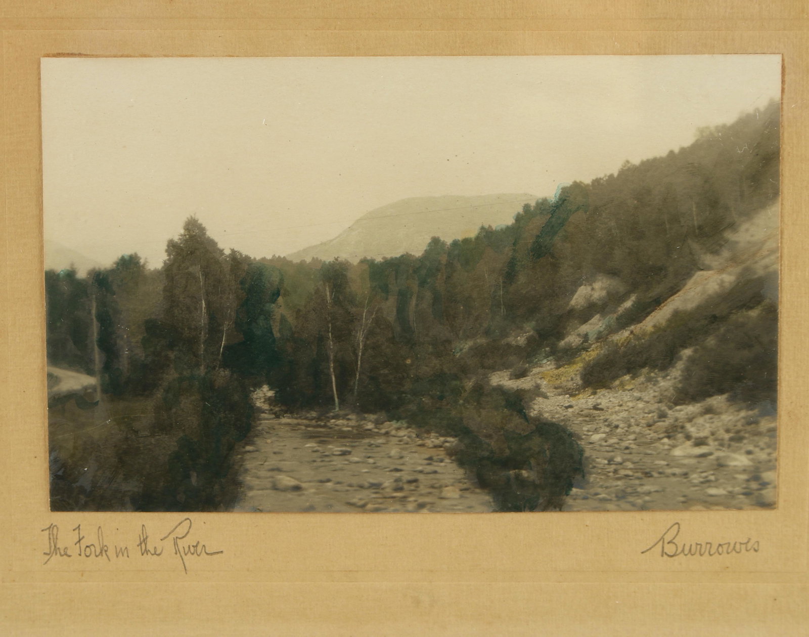 VINTAGE SIGNED HAL BURROWES LANDSCAPE PHOTOGRAPH: Hand tinted vintage photograph by Maine photographer, Harold John (Hal) Burrowes (1880-1926). Framed old hand tinted photo by well listed photographer/artist Hal Burrowes who was a peer of Wallace Nut