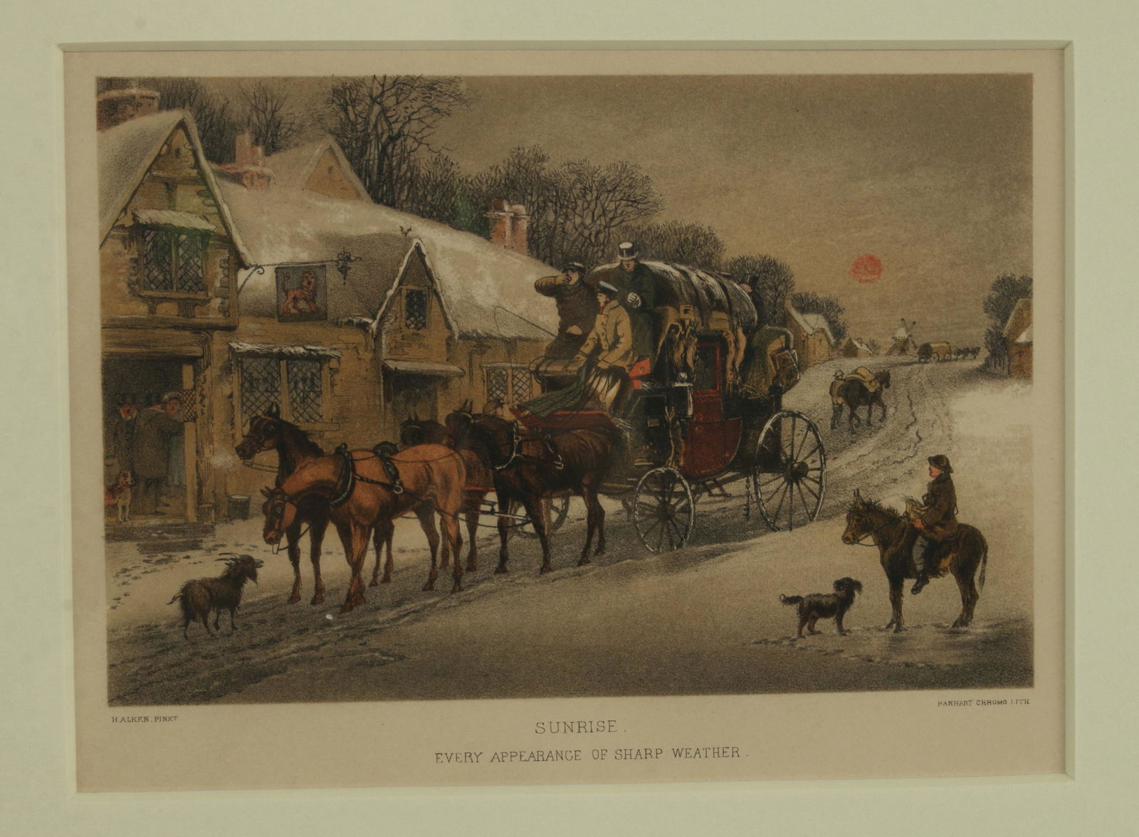 2 H. ALKEN COACH PRINTS CIRCA 1830: Circa 1830. H. Alken coach prints. Hanhart chromo lithographs. "Sunrise Every Appearance of Sharp Weather" and "Bicknell's Spicy Team of Grey's". 13 1/2" X 12" $100 - $