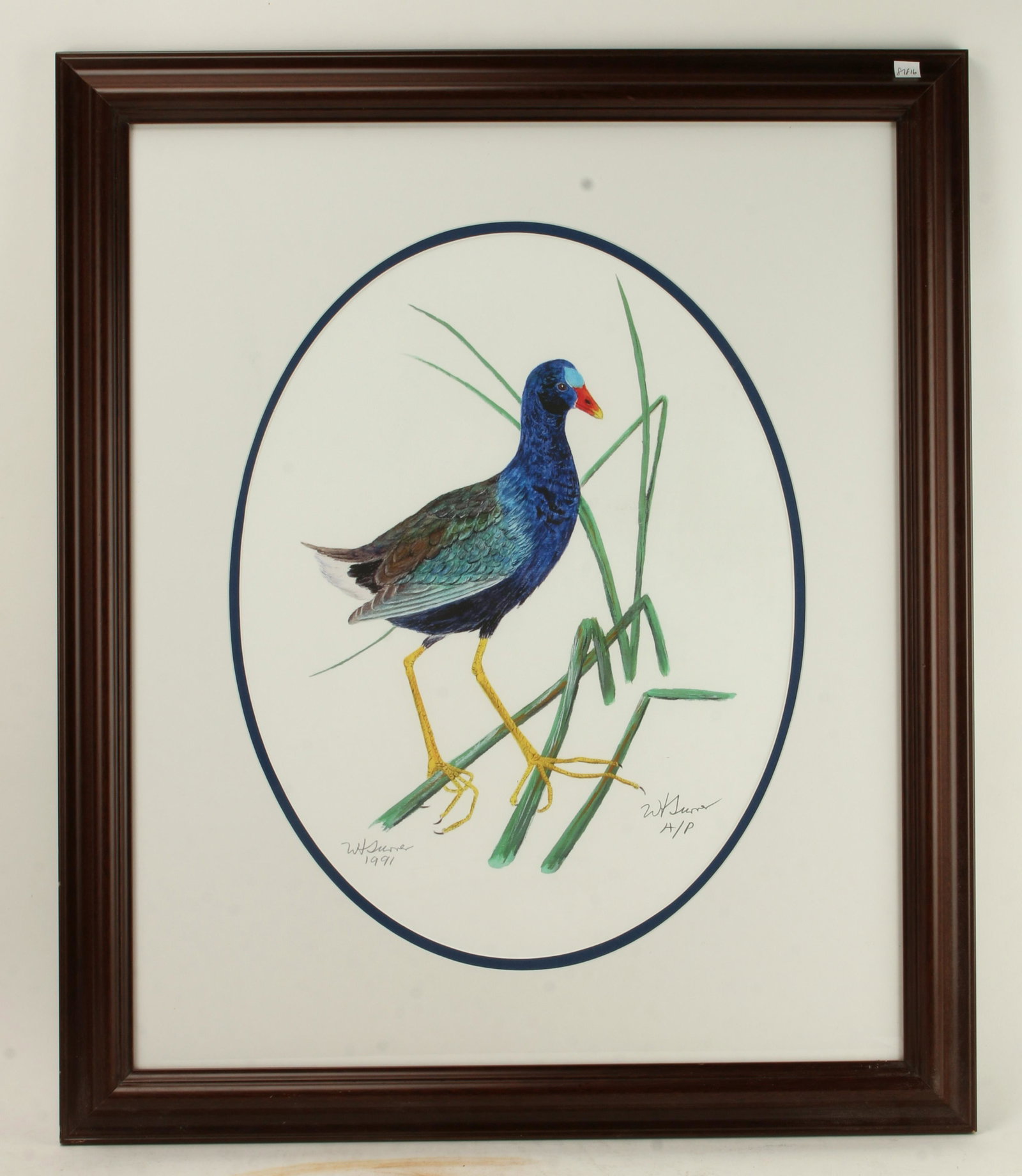 WH TURNER ARTIST PROOF PRINT OF PURPLE GALLINULE: Artist's proof, 1991. Framed in oval mat. 24" X 28 1/2" $40 - $80 Please contact us for high resolution images of this lot. Shipping: We are unable to sh