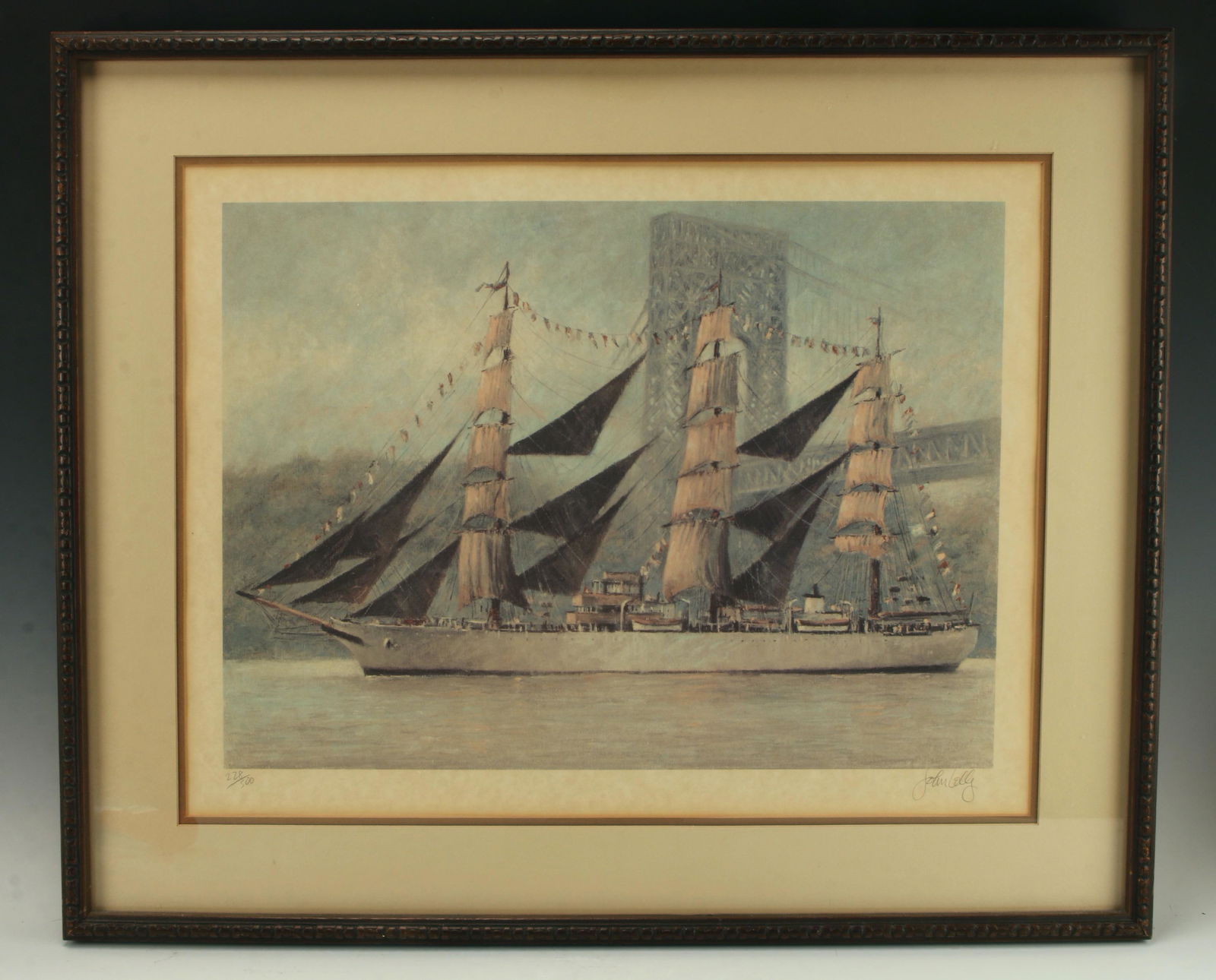 SIGNED & NUMBERED LIMITED EDITION SHIP PRINT: Signed and numbered 228/500. A ship crosses the Hudson with the George Washington Bridge behind. 31 1/2" X 25 1/2" $100 - $200 Please contact us for high resolution images of this lot