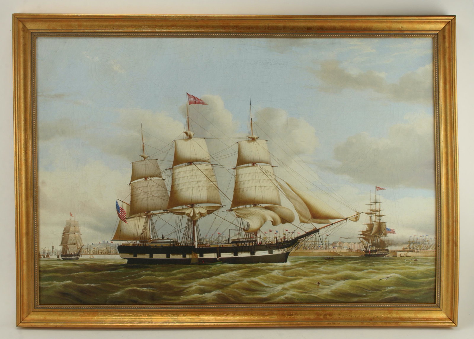 GICLEE PRINT COPY OF AMERICAN PACKET SHIP: Giclee print copy on canvas of American Packet Ship entering Liverpool Harbor around 1845. In attractive gold frame. All over craquelure. After the original painting by Duncan McFarlane. 36" X 24