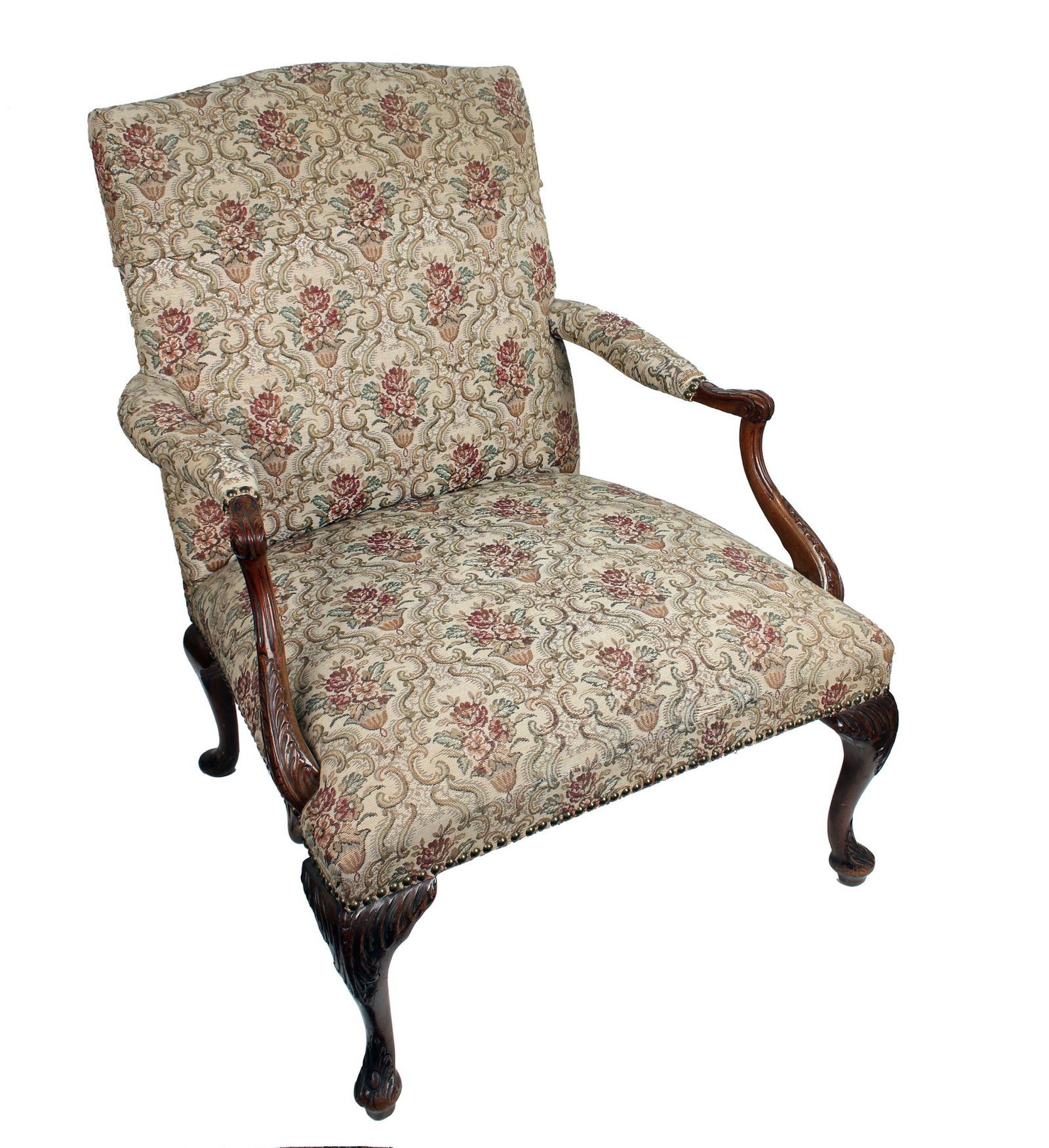 QUEEN ANNE STYLE ARM CHAIR: In brocade, carved arms and legs, and upholstered in floral patterned brocade. 29" X 26" X 36 1/2" $20 - $40 Please contact us for high resolution images of this lot. Ship