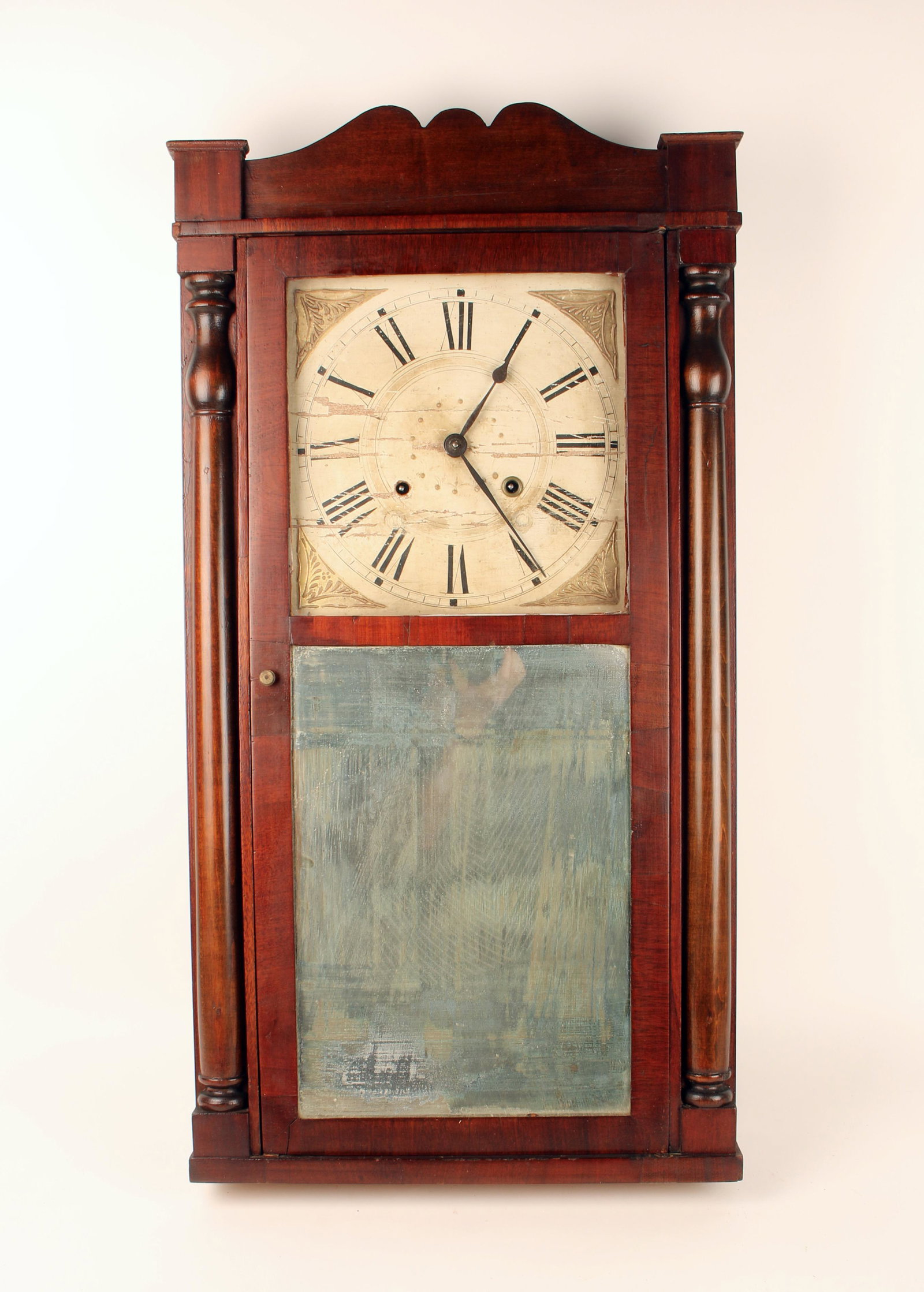 CONNECTICUT PILLAR AND SPLAT HOTCHKISS CLOCK: Pillar and Splat Elisha Hotchkiss Shelf Clock, Burlington, CT, Modifies with replaced brass works. Elisha Hotchkiss, Jr. was born in 1787 and died in 1882. He was born in Burlington, Ct, and spent tim