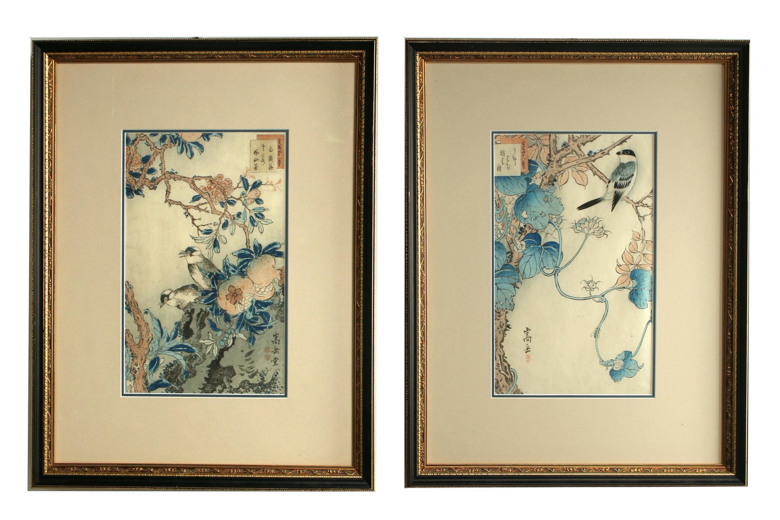EDO PERIOD JAPANESE PRINTS NAKAYAMA SUGAKUDO: One is dated from the 6th month of 1859, the other the 10th month of the same year. The 6th month print features lightvented bulbul, pomegranite rose and balsam. The 10th month print depicts a bull fi