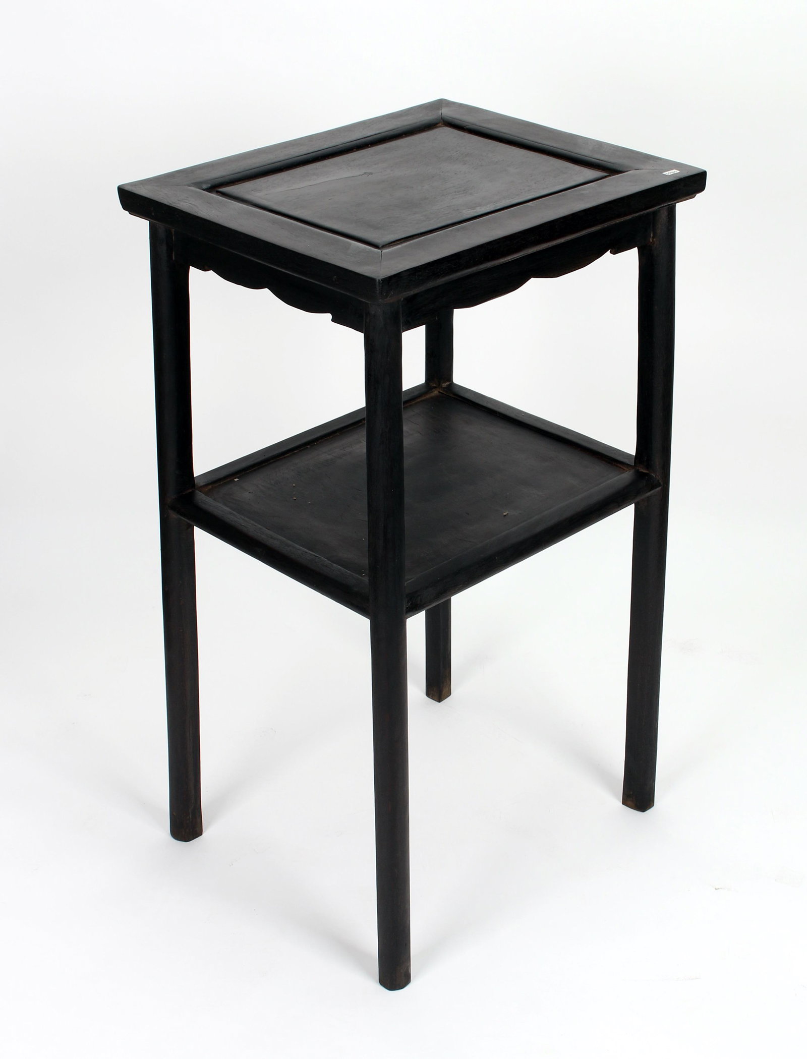 TWO TIER ZITAN END TABLE: Two tier zitan table with a curved apron. 16" X 13 1/2" X 28" $300 - $500 Please contact us for high resolution images of this lot. Shipping: We are