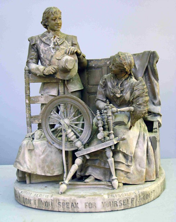 John Rogers, "John Alden": A terra cotta or plaster casting of John Alden with a signature "John Rogers, New York" and titled on the base and marked "Patented 1885" on the rear. Measures 21" X 16" X 13".