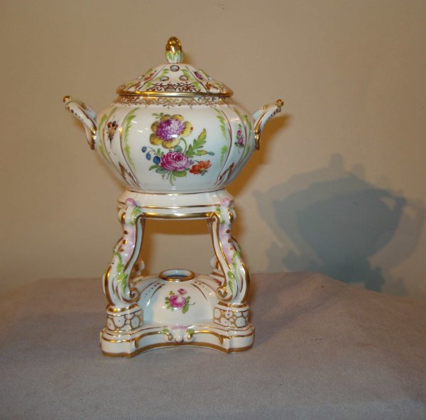 A fine porcelain pastille burner: A fine pastille burner of probable Continental origins, used to burn incense or healing herbs, 7" in height.