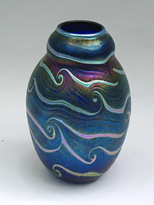 Charles Lotton Etch Signed Art Glass Vase : A great looking 20th C. art glass vase employing a dark favrile treated glass swirled among a white band, giving an exceptional rick favrile sheen. Etch signed on the bottom and dated 2003, about 10" 