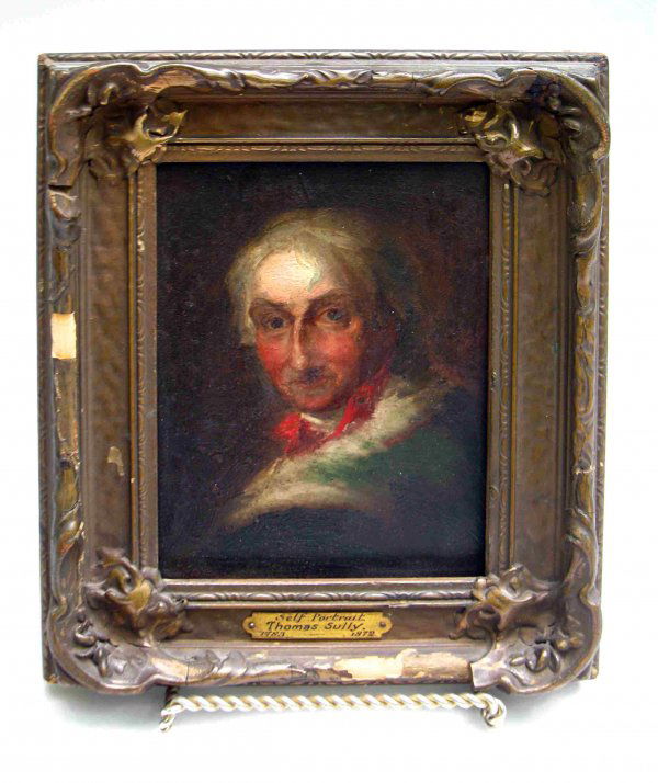 Antique oil: "Self portrait of Thomas Sully".: An antique oil painting on tin, 7 1/2" X 5 1/2", titled on the frame "Self Portrait Thomas Sully 1783- 1872" and whose frame on verso has written in inked script "Portrait Thomas Sully age 80(?) by hi