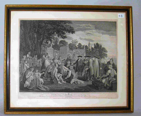 Benjamin West:'s "Penn's Treaty with Indians": Framed 19th century matted and framed engraving after Benjamin West's "William Penn's Treaty with the Indians", 18 1/2" X 21". One of the most popular fanciful images in Philadelphia history, it is al