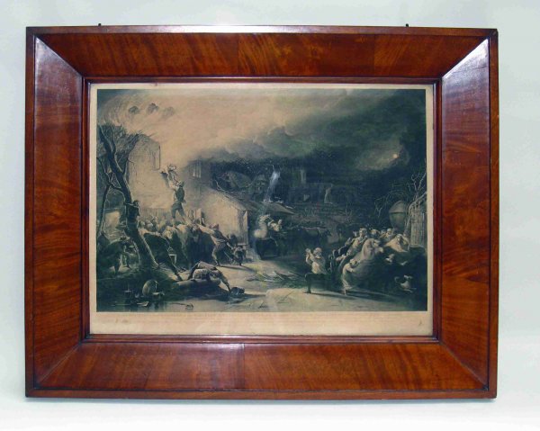 Engraving of John Wesley at Age Six Being Rescued: A larger and very dramatic engraving of child John Wesley being rescued at night from a blazing fire at the age of six. This is within a mahogany veneer frame.