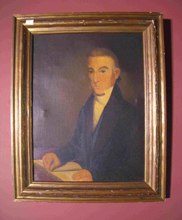 Oil Portrait of Timothy Watson: A portrait of a gentleman in oil reportedly after a portrait dated 1780, 17" X 13" in a gold leaf frame. In verso is an attached note indicating the genealogical background of this man.