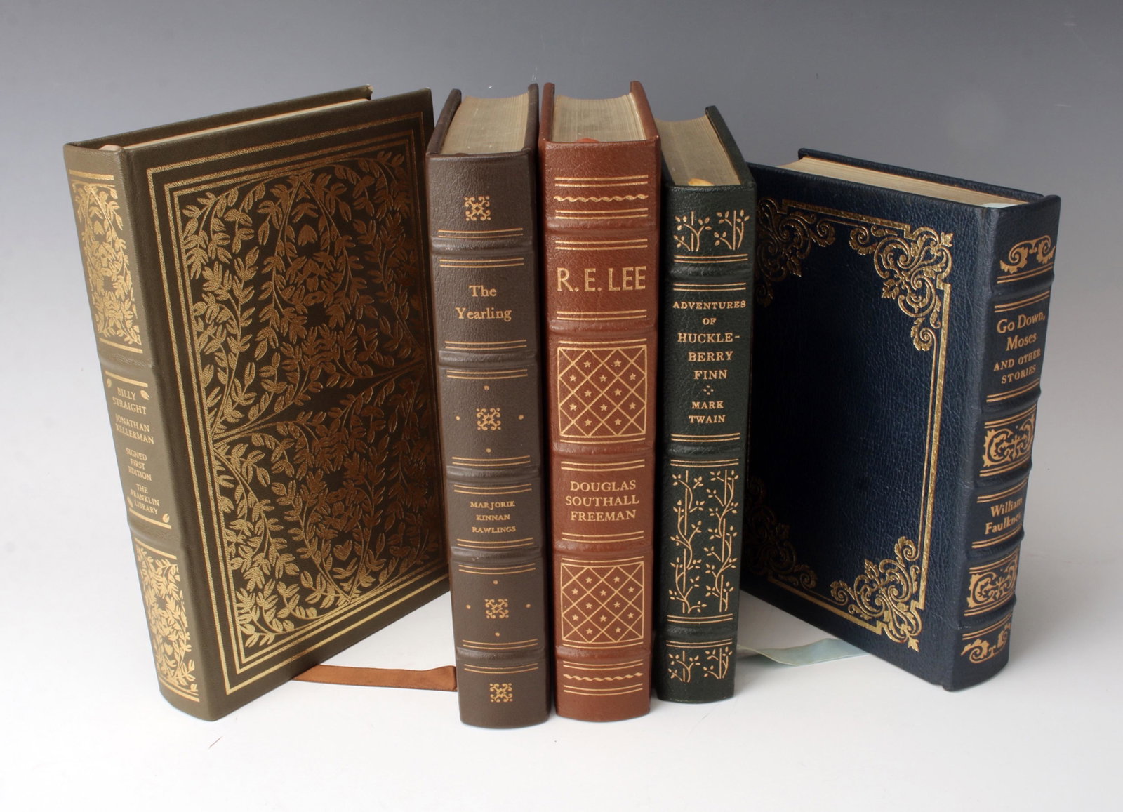 5 BOOKS FAULKNER, HARWELL, RAWLINGS, TWAIN: Go Down Moses and Other Stories - by William Faulkner. Hardcover, marbled endpapers,special edition published for The Southern Classics Library, bound in ribbon, genuine leather,gilt edges, spine deco