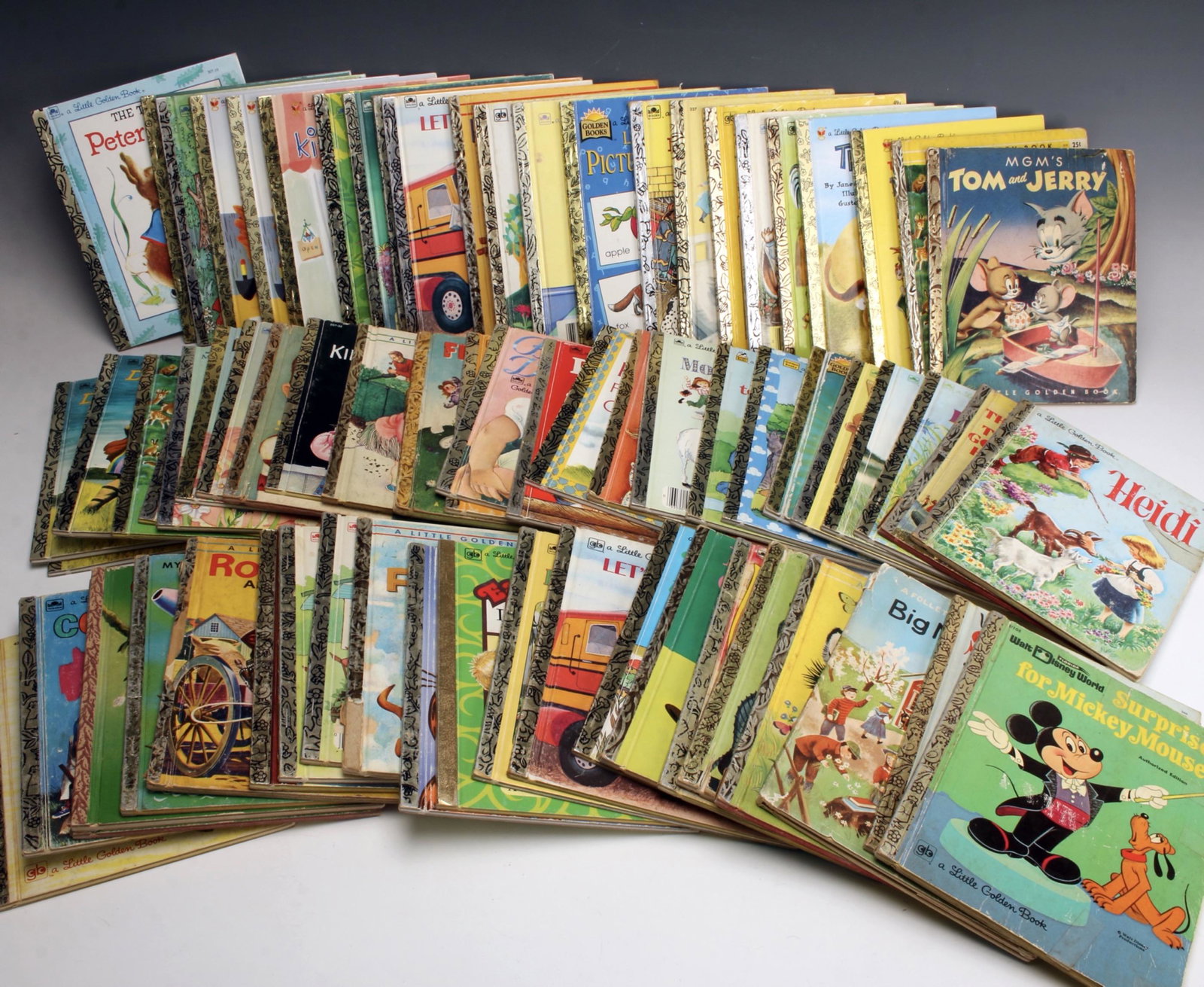 LARGE LOT OF VINTAGE LITTLE GOLDEN BOOKS: Titles include Baby Dear, My Kitten, My Little Golden Book About God, David and Goliath, The Golden Egg Book, Peter Pan, The Color Kittens, Little Gray Donkey, Let's Go Shopping, Colors Are Nice, Pano