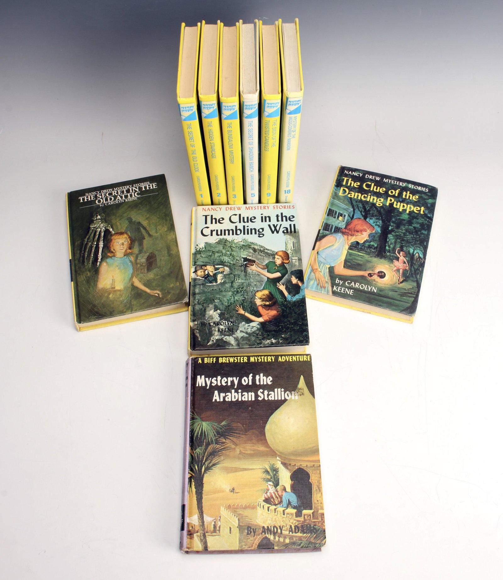 10 NANCY DREW BOOKS 1940S - 1980S: Mystery of the Arabian Stallion - hardcover, copyright 1964 The Secret of the Old Clock - hardcover, copyright 1987 The Hidden Staircase - hardcover, copyright 1987 The Bungalow Mystery - hardcover, c