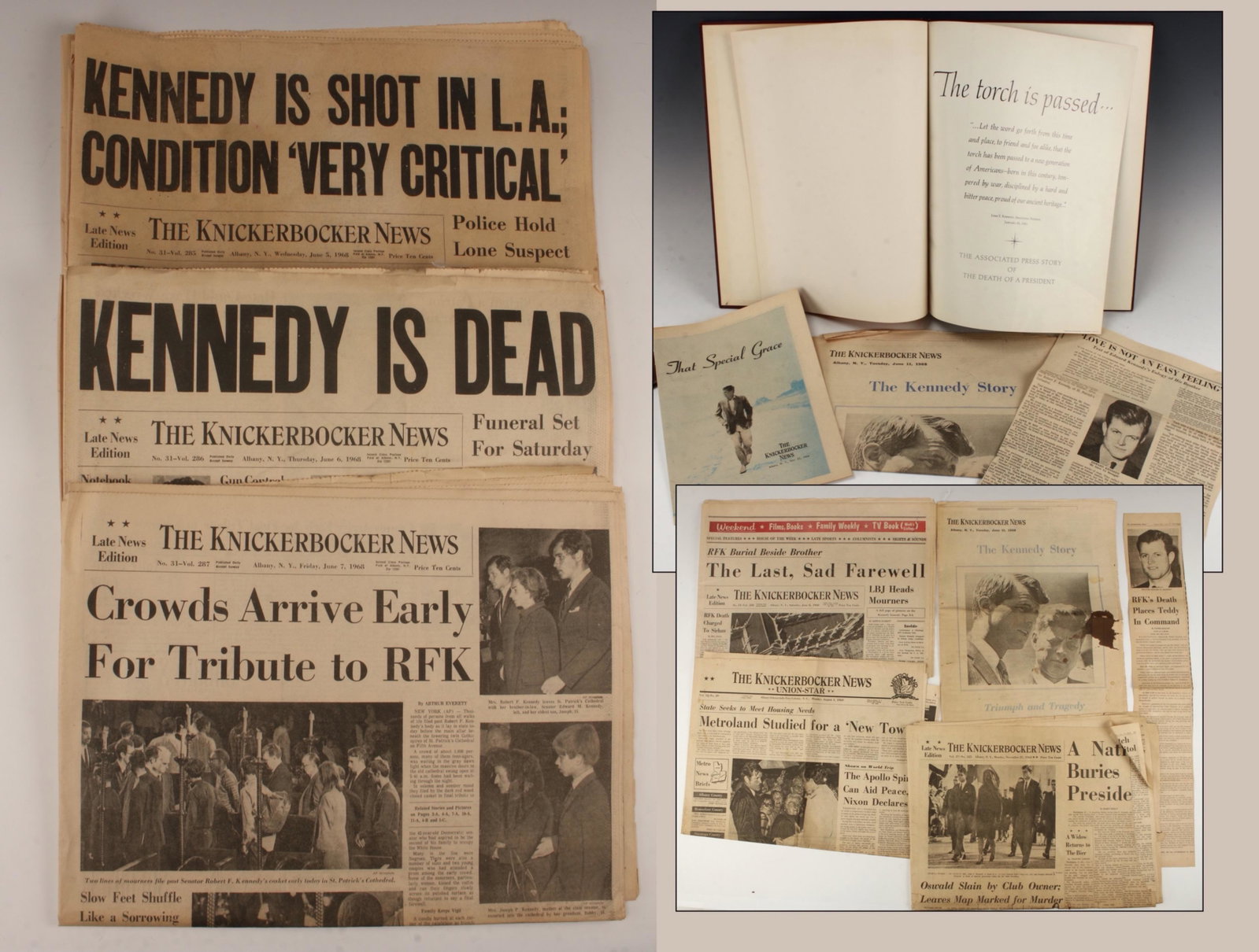 JFK RFK NEWSPAPERS, CLIPPINGS & BOOK: The Knickerbocker News insert dated June 11 1968 'The Kennedy Story: Triumph and Tragedy". The Knickerbocker News front page dated August 4 1969. The Knickerbocker News dated November 25 1963 hea