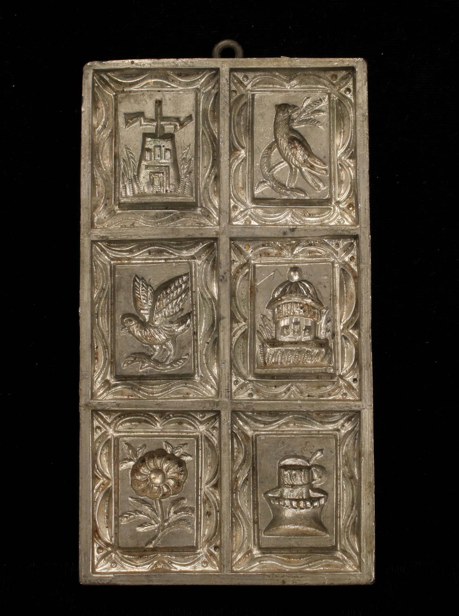 VINTAGE METAL SPRINGERLE BUTTER COOKIE MOLD: Made of metal on wood backing. Patterns of birds, buildings, and flowers to add dimension to butter cookies. To shape cookies using a springerle mold: Brush a very light coating of flour onto