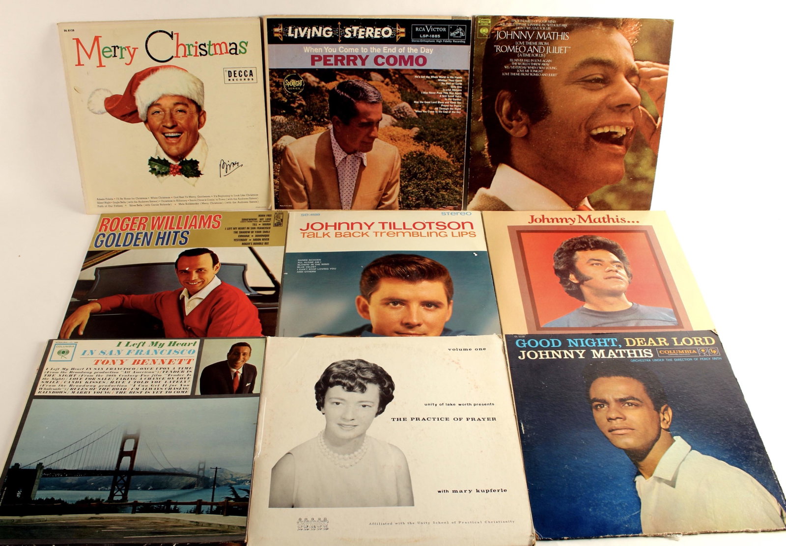 LOT OF EASY LISTENING VINYL ALBUMS: Bing Crosby. Perry Como. Johnny Mathis. Tony Bennett. Roger Williams. $20 - $40 Please contact us for high resolution images of this lot. Shipping: We are able to pack and ship this item to