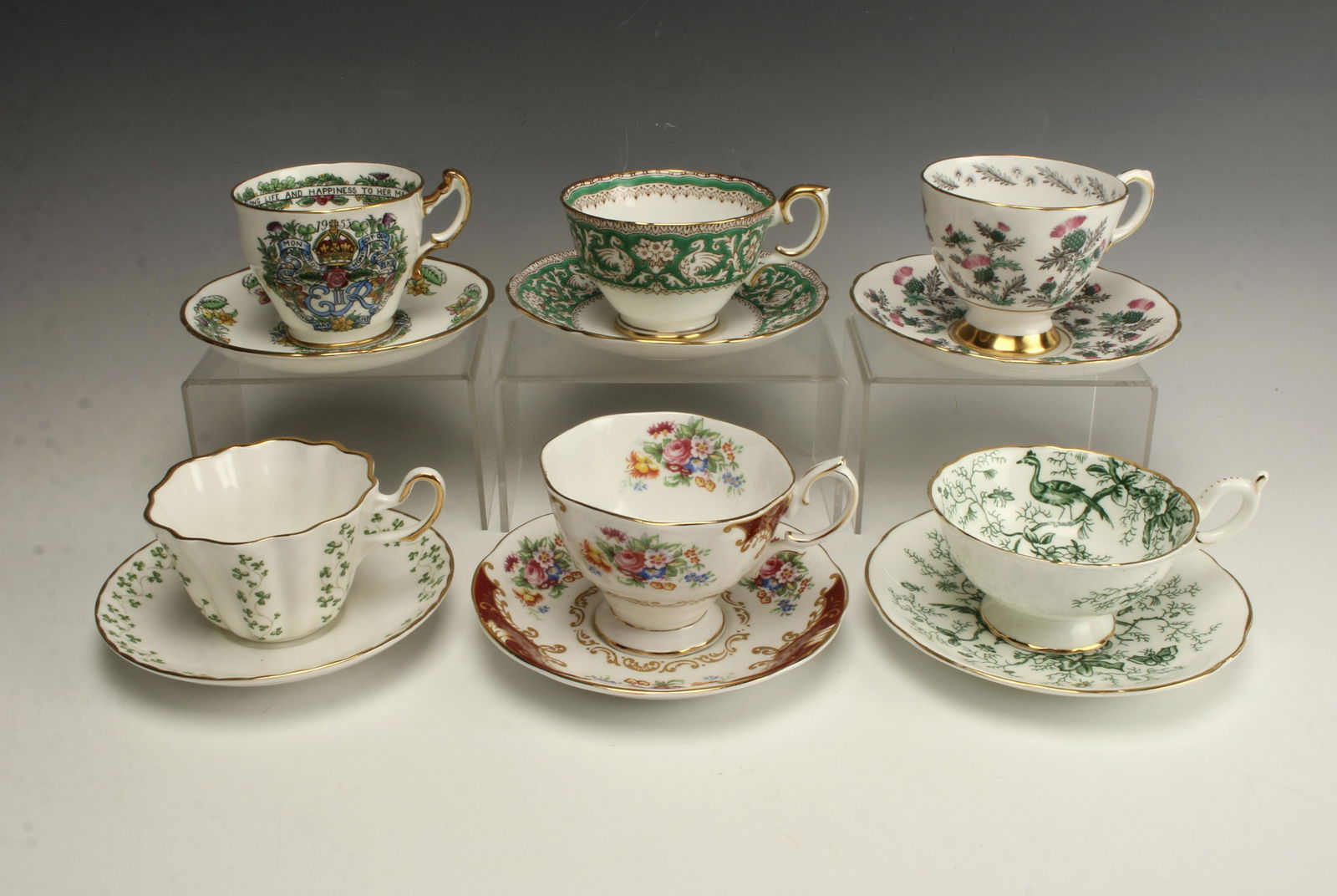6 TEA CUPS & SAUCERS ER II CORONATION 1953: Coleport 'Cairo', Royal Albert Canterbury NP632881, Hammersley Perpetual commemorative Coronation Queen Elizabeth 6/2/1953, Crown Staffordshire Ellesmere A 15002, Tuscan 'Thistle' D219, Royal Tara - I