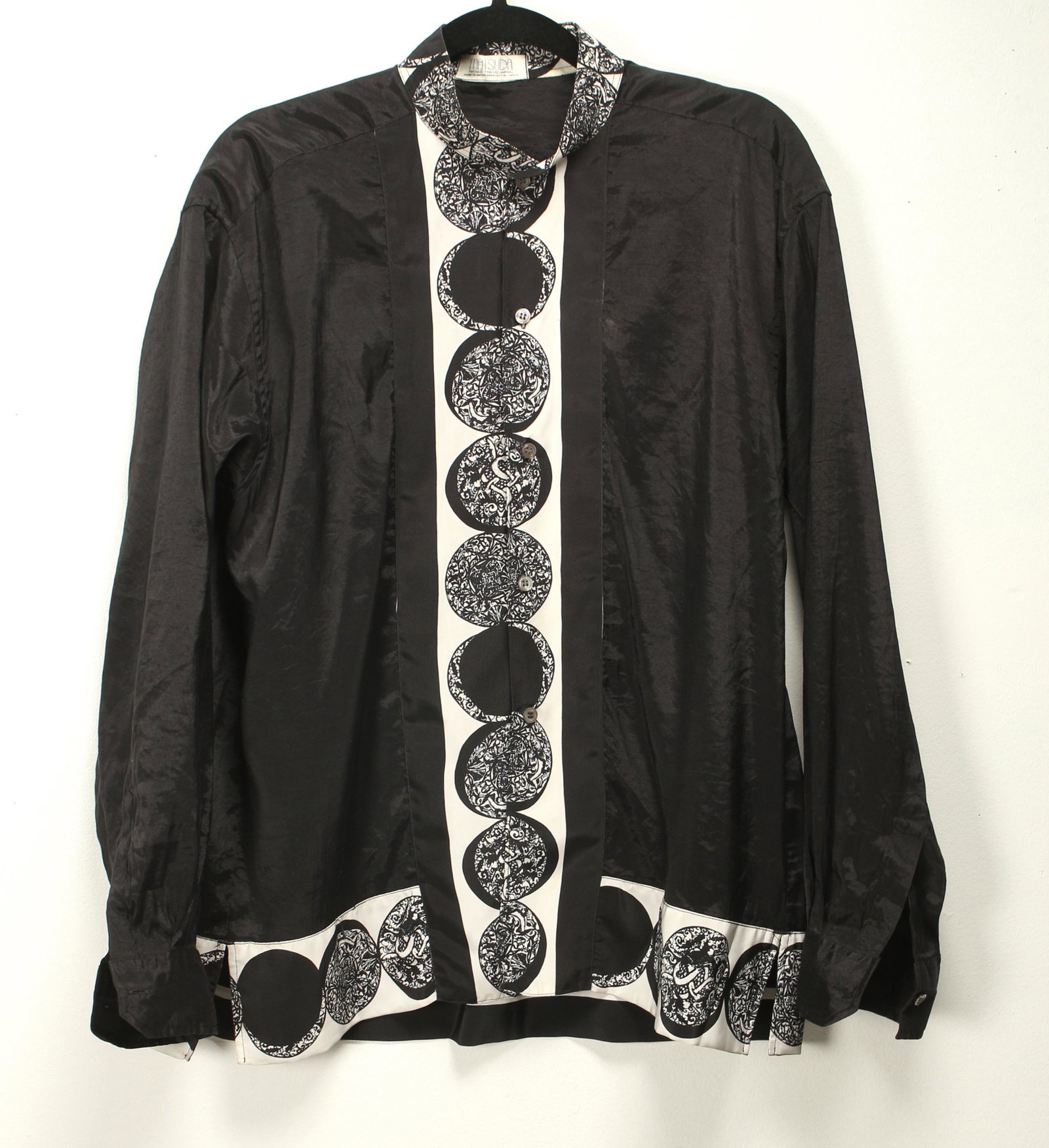 VINTAGE MATSUDA 1985 BLACK & WHITE KIMONO SHIRT: Purchased at Barney’s NY, Vintage Matsuda circa 1985. Dramatic black & white button front shirt or jacket in kimono type patterns front and back. Measures 20 1/2" shoulder to shoulder and 27" should