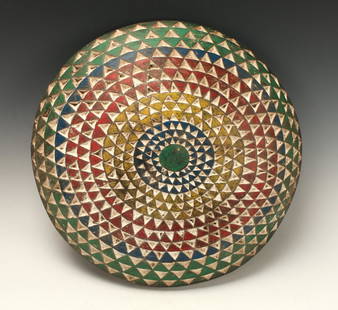 SOUTH AFRICAN ZULU SHIELD: South African Zulu Shield Colorful round shield in yellow, blue, red, green, and white. Concentric pyramid shapes. 18" $100 - $200 Shipping: We are able to pack and ship this item to an address