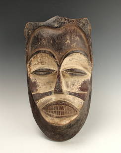 MITSOGO TSOGO MASK GABON: Mitsogo Tsogo Mask GabonWhite concave heart shape face with protruding oval eyes, triangular nose, and marquise shape mouth with teeth. 16" X 8 1/2" $100 - $200 Shipping: We are able to