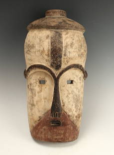 MITSOGO MASK GABON: Mitsogo Mask GabonWhite face with red triangular mouth area in a pierced rectangle. Rectangular eyes, arched joined brows, and black hat. 16" X 8" $100 - $200 Shipping: We are able to pack