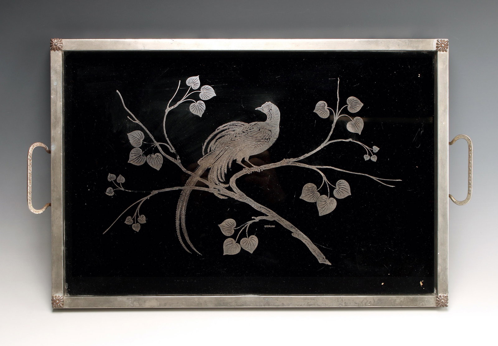 VINTAGE ART DECO BLACK & SILVER BIRD TRAY (1 of 4)
