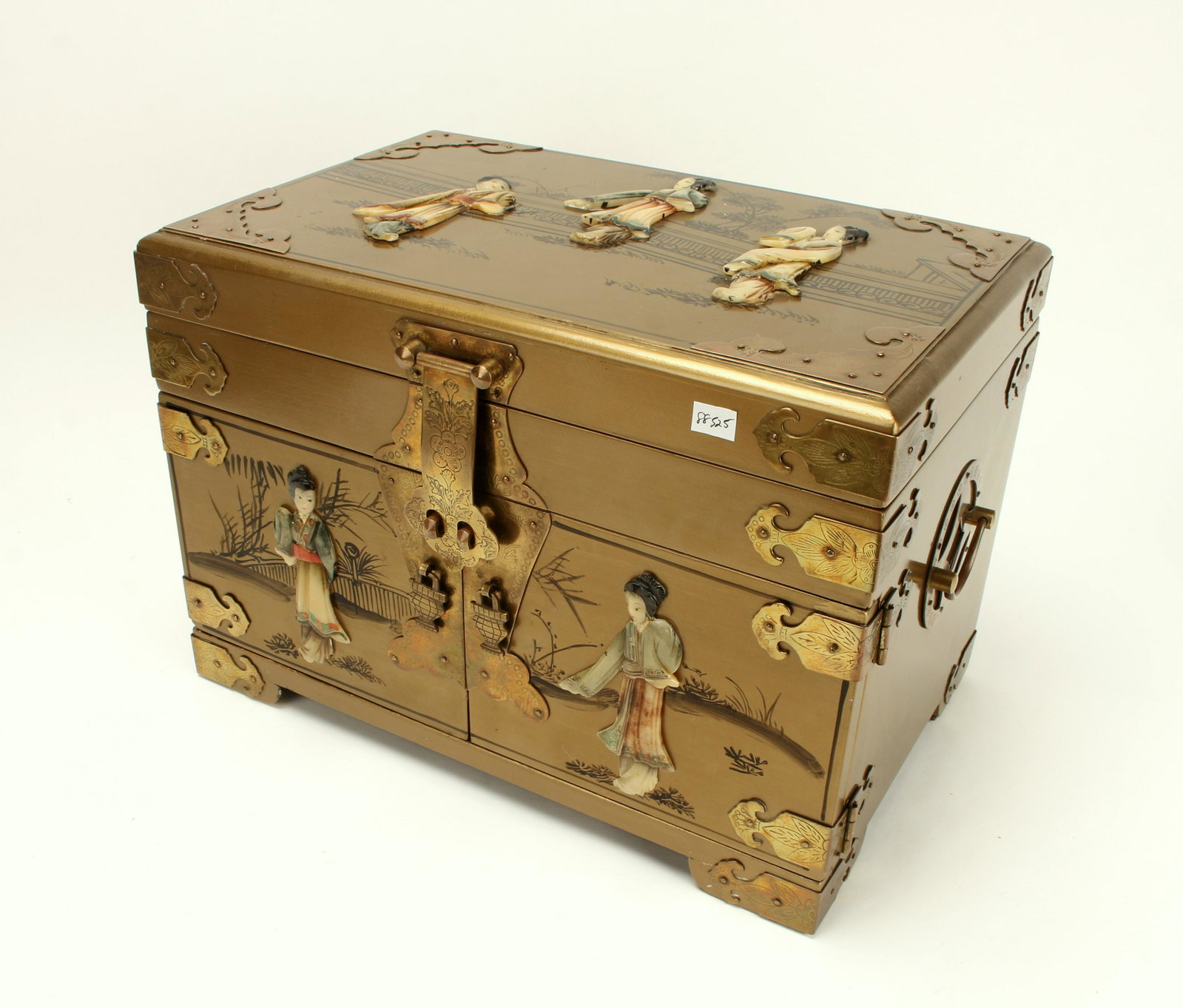 CHINESE JEWELRY CHEST: Chinese Jewelry ChestApplied figurines. Side Handles. Corner plates and a latch. Top tray and thr