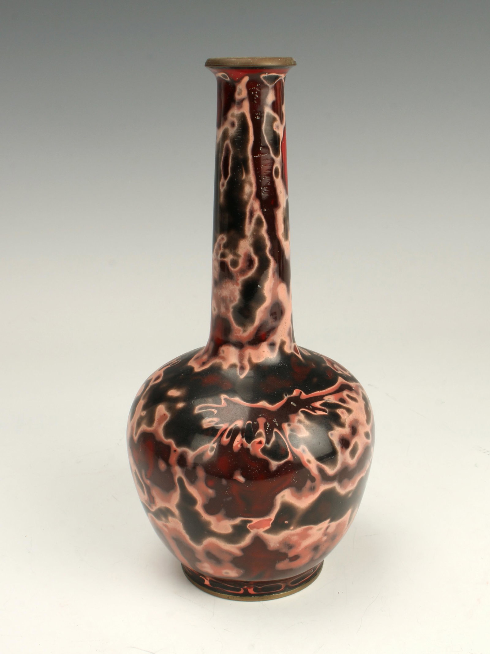 ENAMEL BOTTLE NECK VASE: Enamel Bottle Neck VaseIn pink and fuchsia splashes on dark brown ground.