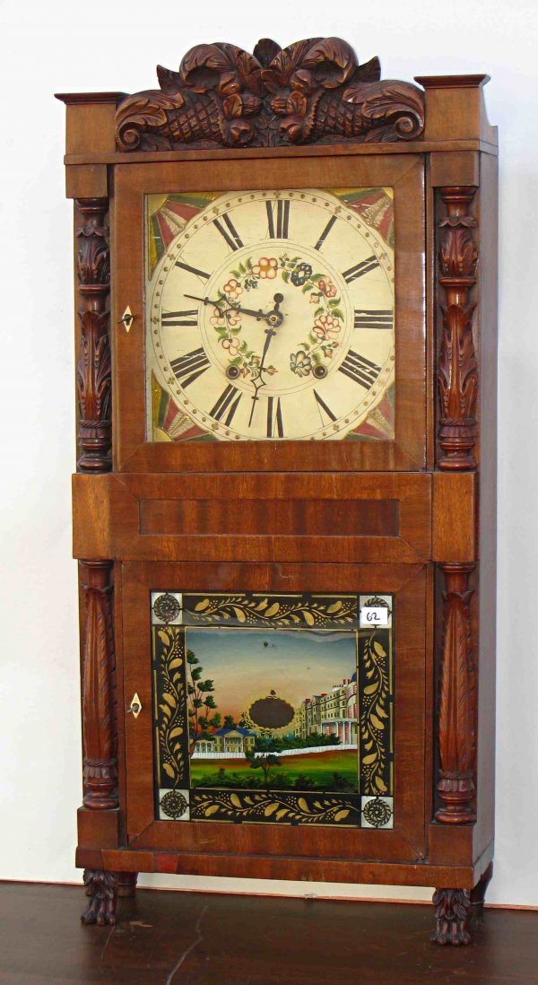 Shelf clock by Jerome and Darrow: A mahogany and mahogany veneer shelf clock by the partnership of Chauncey Jerome and Elijah Darrow of the 1830s. This is an early version of the triple decked shelf clocks of the 1840s and later. Robu
