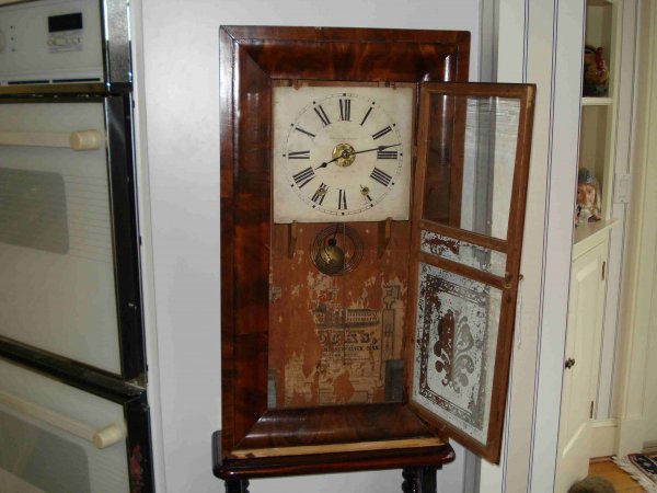 Chauncey Jerome ogee clock : Lower molding veneer loss entirely. signed on the dial Chauncey Jerome, New Haven, CT.
