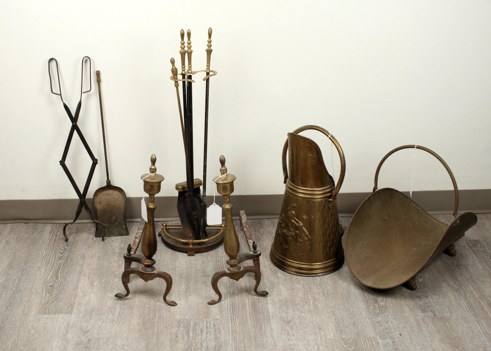 ASSEMBLED LOT OF FIREPLACE TOOLS: ASSEMBLED LOT OF FIREPLACE TOOLSAndirons, Log basket, bucket, fireplace tools.