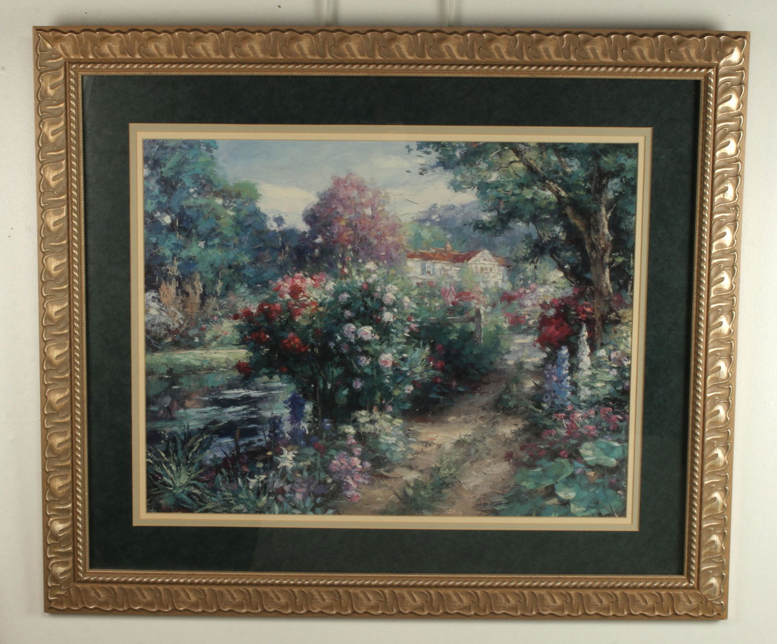 LARGE PRINT OF LUSH GARDEN: LARGE PRINT OF LUSH GARDENA colorful garden with a house in the distance in a Thomas K