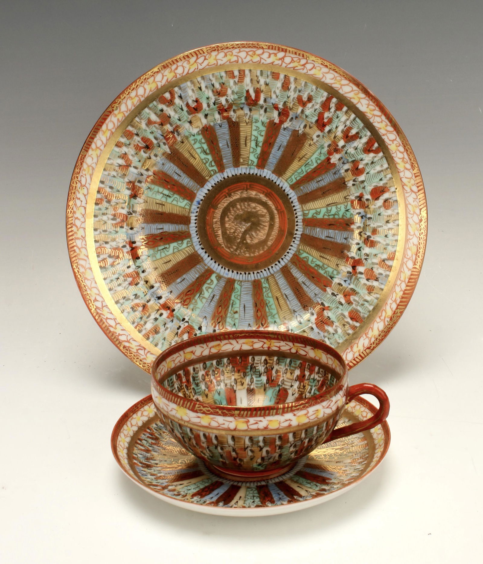 JAPANESE PORCELAIN TEA CUP SAUCER & PLATE: JAPANESE PORCELAIN TEA CUP SAUCER & PLATEColorful radiating decoration with gold a